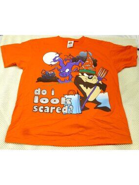 VTG 90's Looney Tunes Taz Halloween Orange Graphic Tee "Do I Look Scared?" XL Co